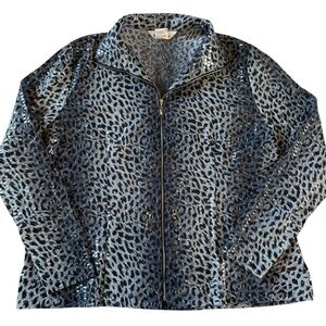 Y2K Leopard Print Zip Front Long Sleeve Top Metallic Sparkle XL